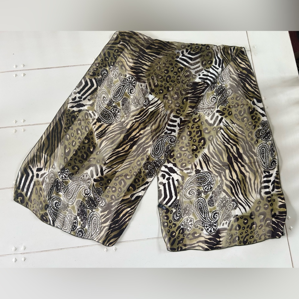 Silk scarf with paisley and animal print, black, green, gold